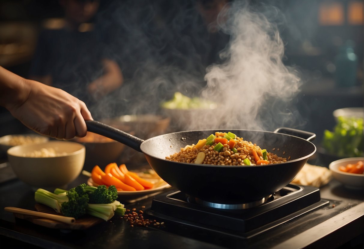 A wok sizzles as ingredients for Chinese rojak sauce are stirred together, creating a fragrant and flavorful mixture. A traditional mortar and pestle sits nearby, ready to crush and blend the spices