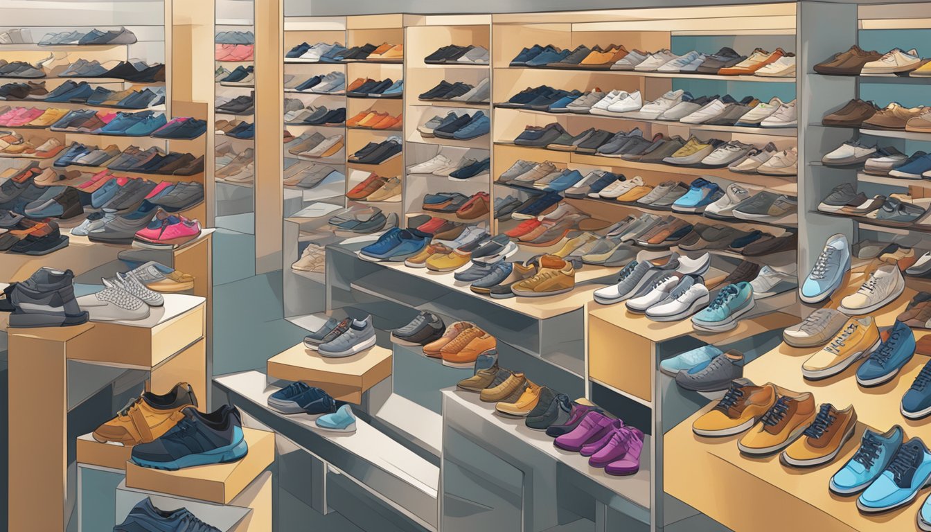 A bustling marketplace with various shoe brands on display, showcasing the latest trends in footwear