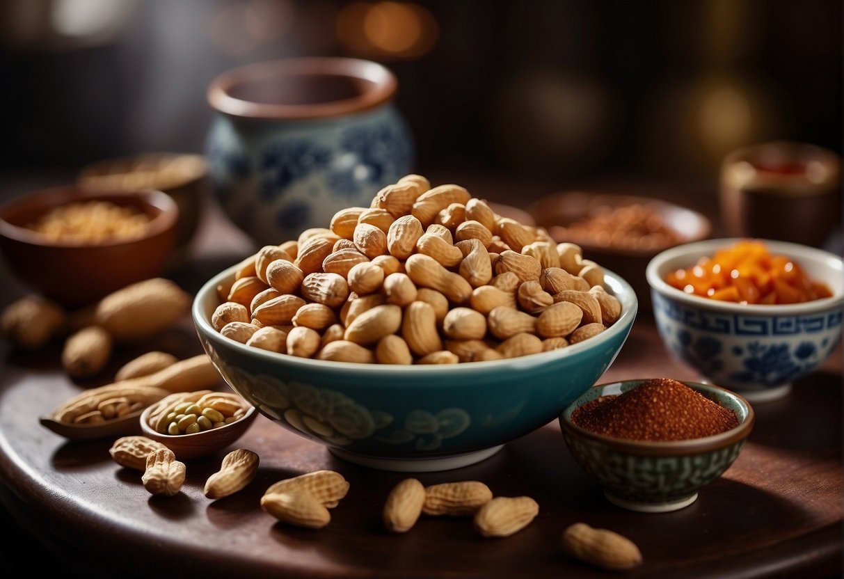 A table with ingredients like peanuts, sugar, tamarind, and chili, along with a mixing bowl and spoon, set against a backdrop of traditional Chinese kitchenware