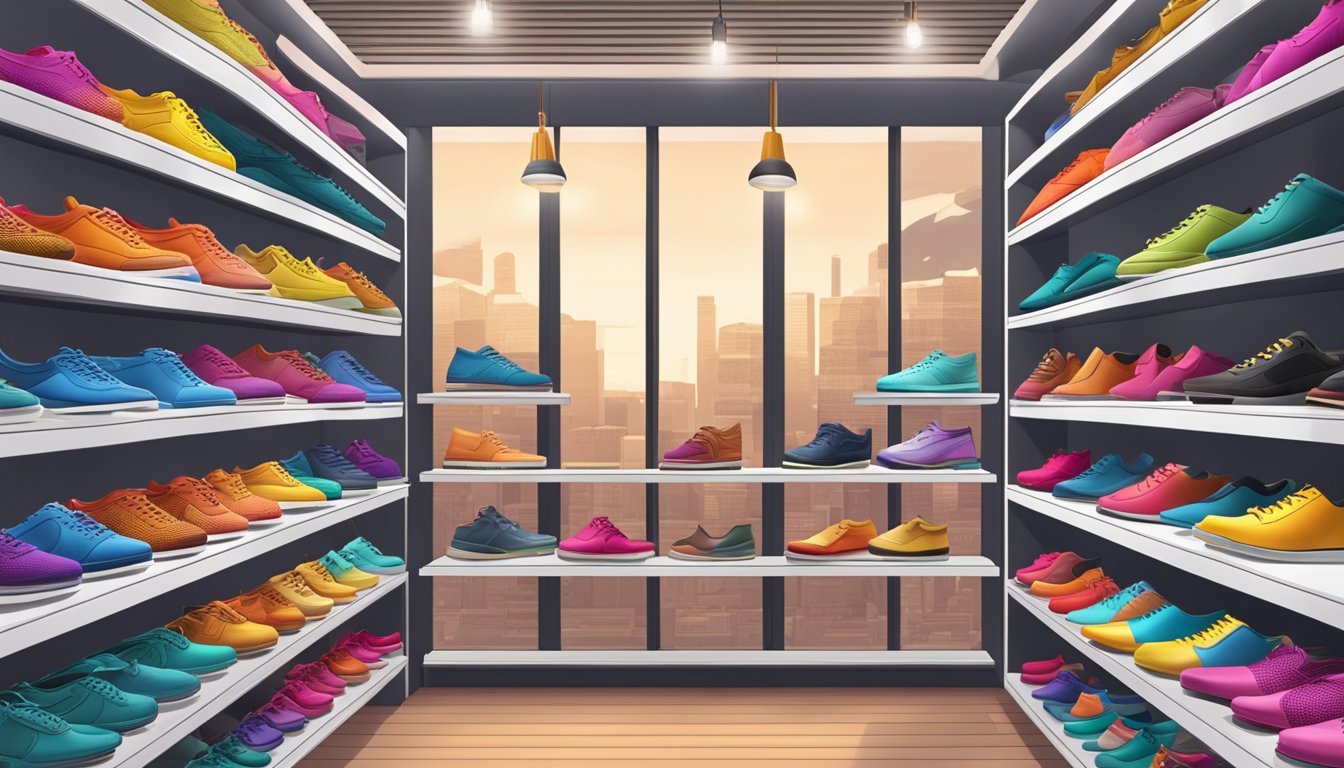 Shoe brands displayed on sleek shelves in a modern boutique. Bright lighting highlights the vibrant colors and intricate designs of the shoes