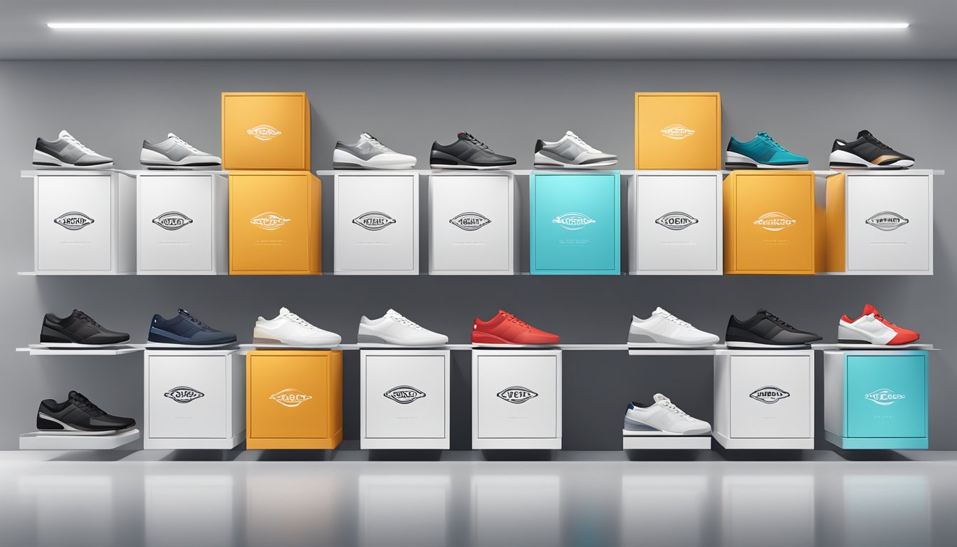 A row of sleek, modern shoe boxes with brand logos displayed in a well-lit, minimalist store setting