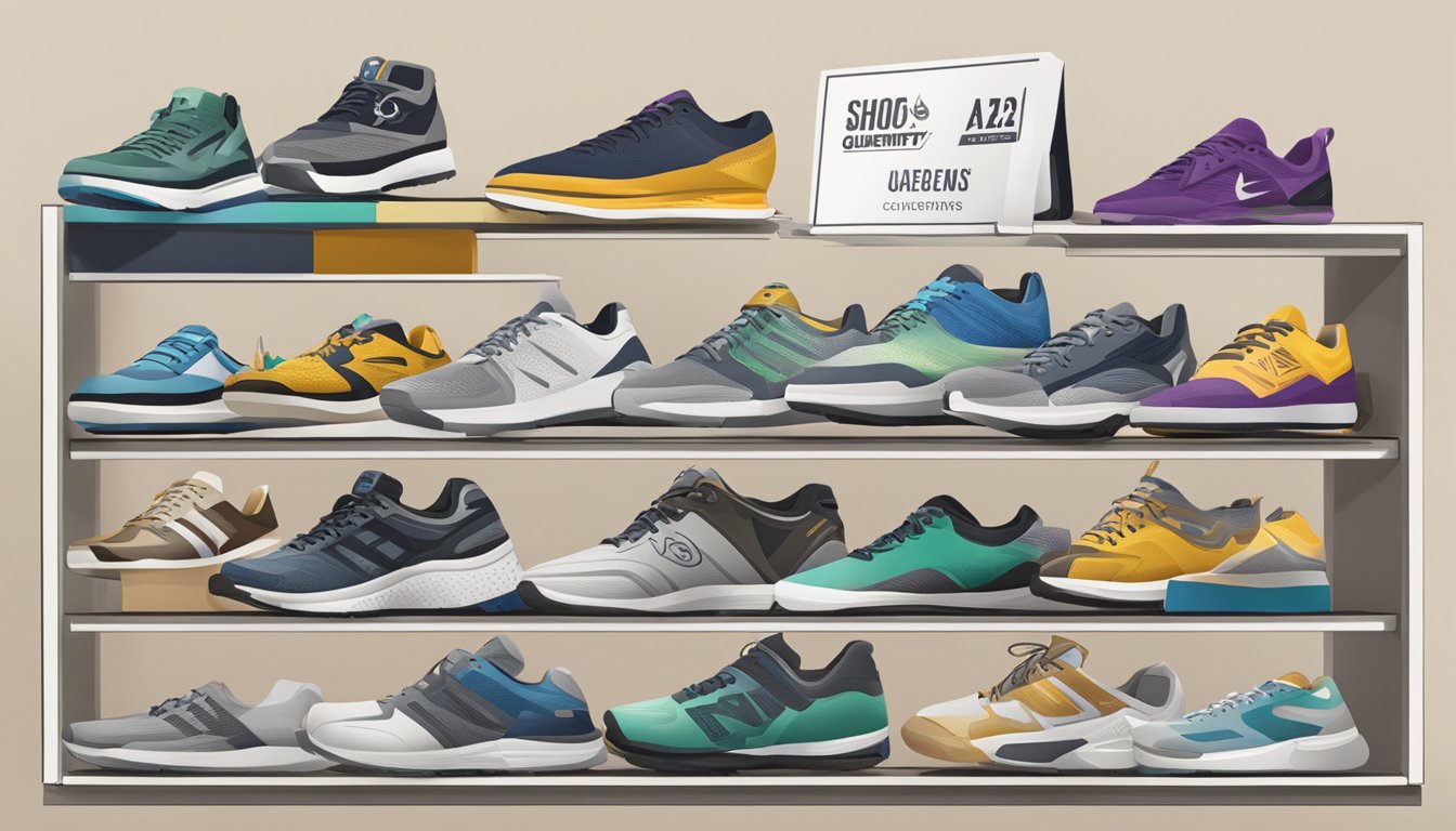A display of various shoe brands with "Frequently Asked Questions" signage