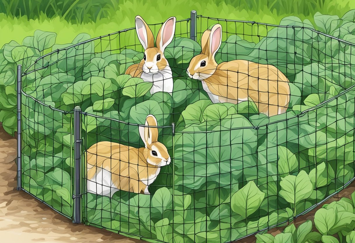 Hostas surrounded by a barrier of wire mesh or plastic netting to prevent rabbits from accessing them