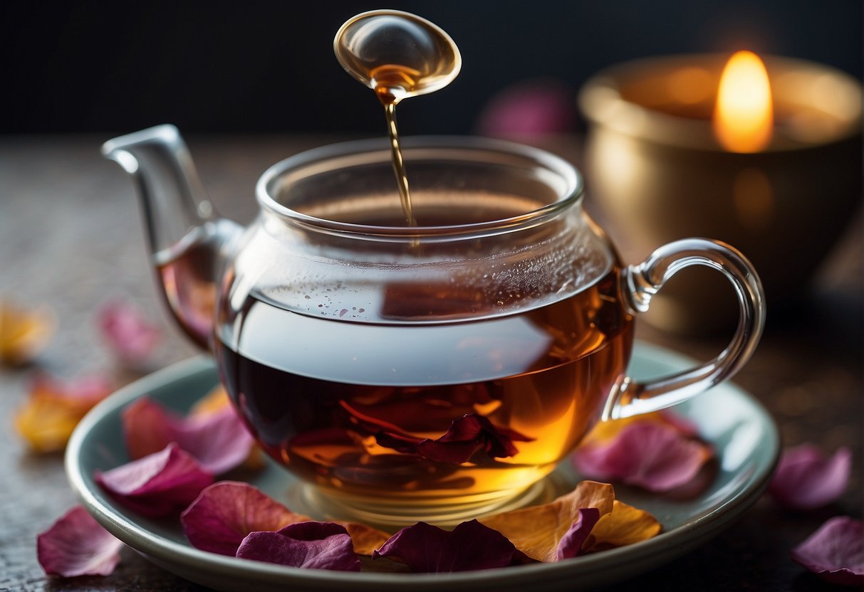 A teapot pours hot water over dried rose petals in a glass teacup