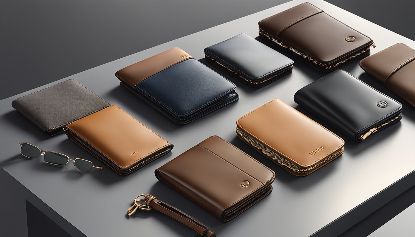 A display of top men's wallet brands arranged on a sleek, modern counter with soft lighting and clean lines