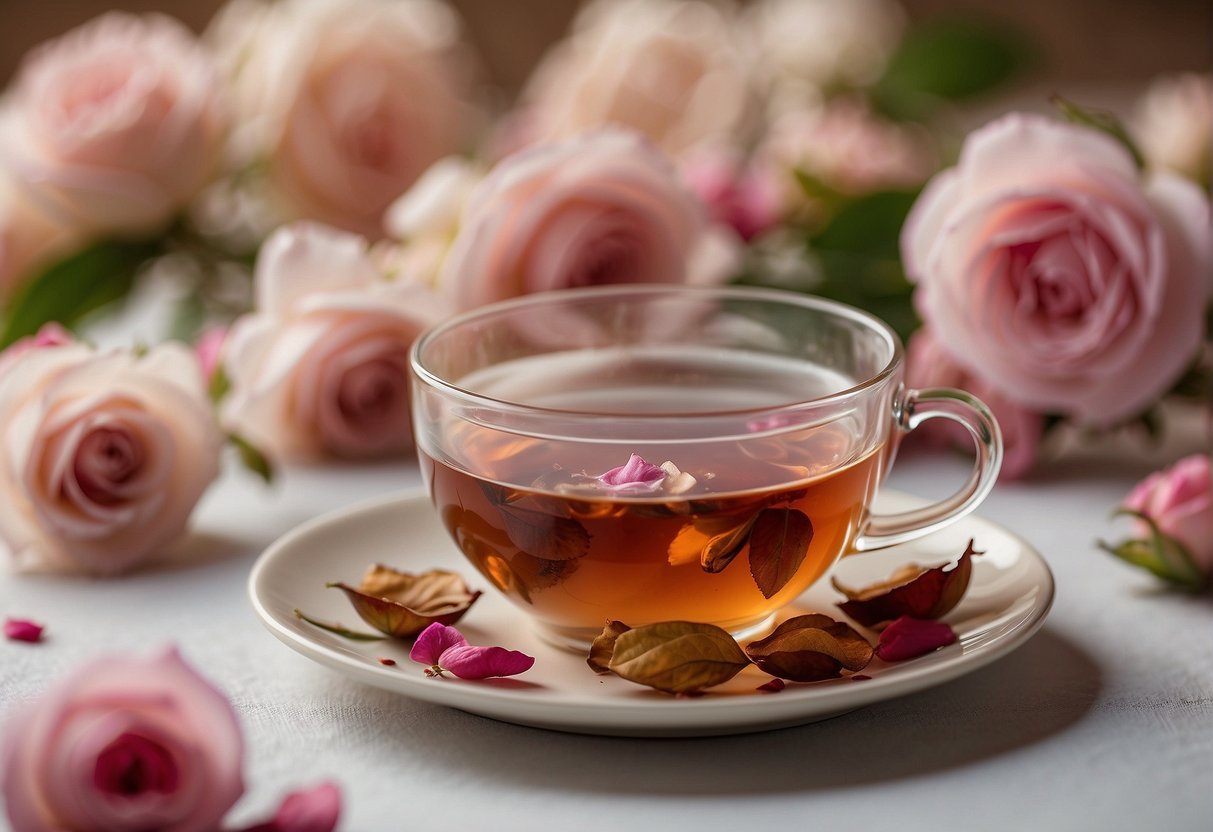 A steaming cup of Chinese rose tea sits on a delicate saucer, surrounded by vibrant rose petals and fragrant dried rosebuds. The warm, soothing aroma fills the air, evoking a sense of tranquility and elegance