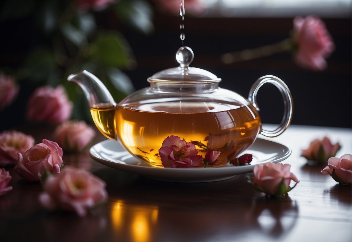 A teapot pours hot water over dried Chinese rose petals in a clear glass teacup. The petals unfurl and release a fragrant, rosy aroma as they steep in the water