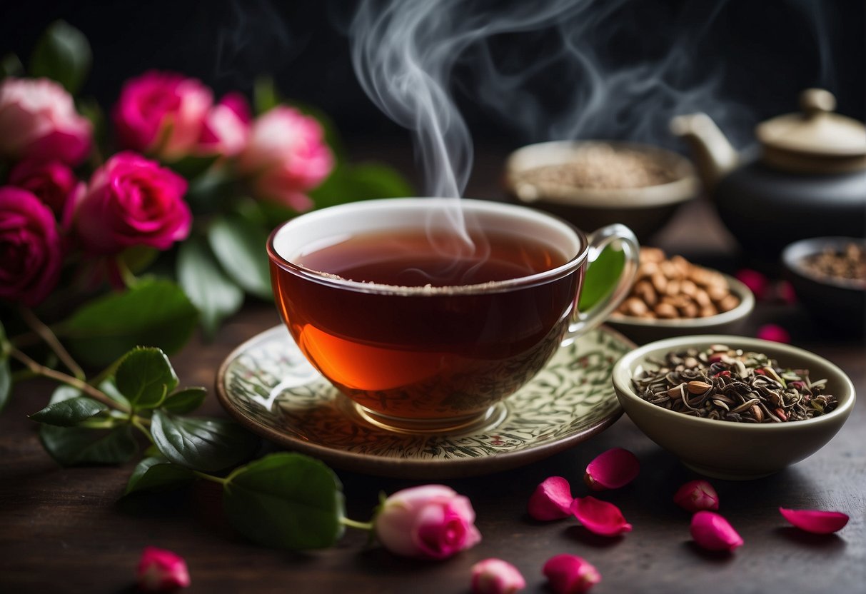 A steaming cup of Chinese rose tea surrounded by fresh rose petals and a selection of traditional Chinese herbs and ingredients