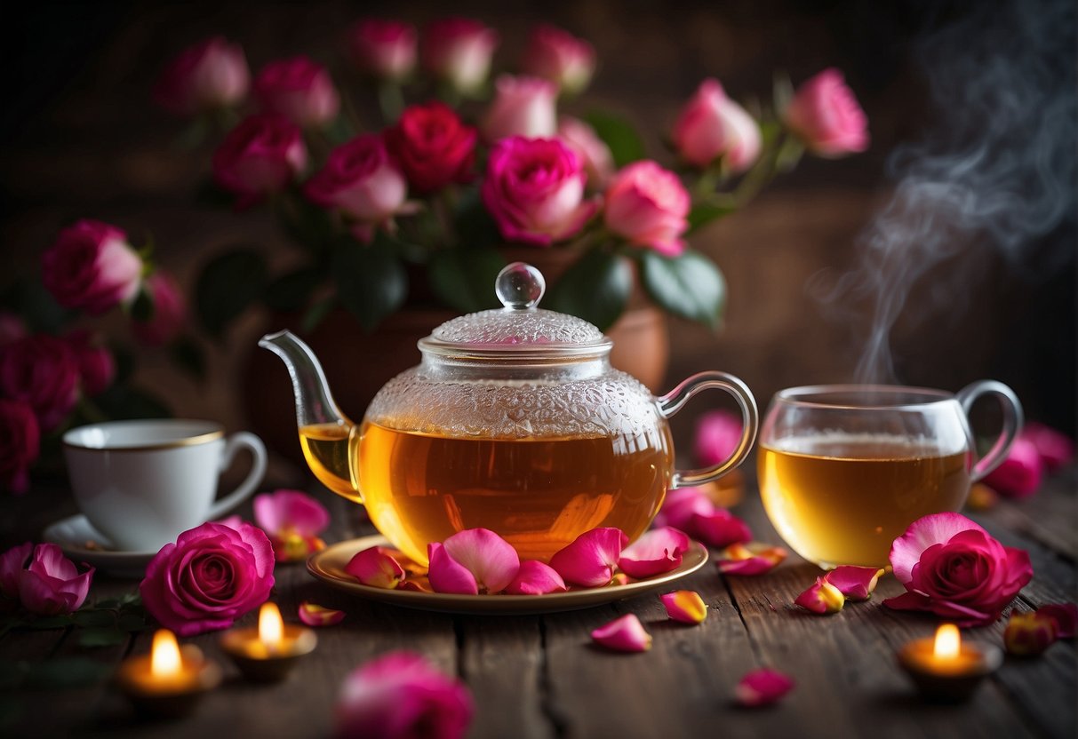 A teapot pours steaming rose tea into delicate cups on a wooden table, surrounded by vibrant rose petals and exotic Chinese spices