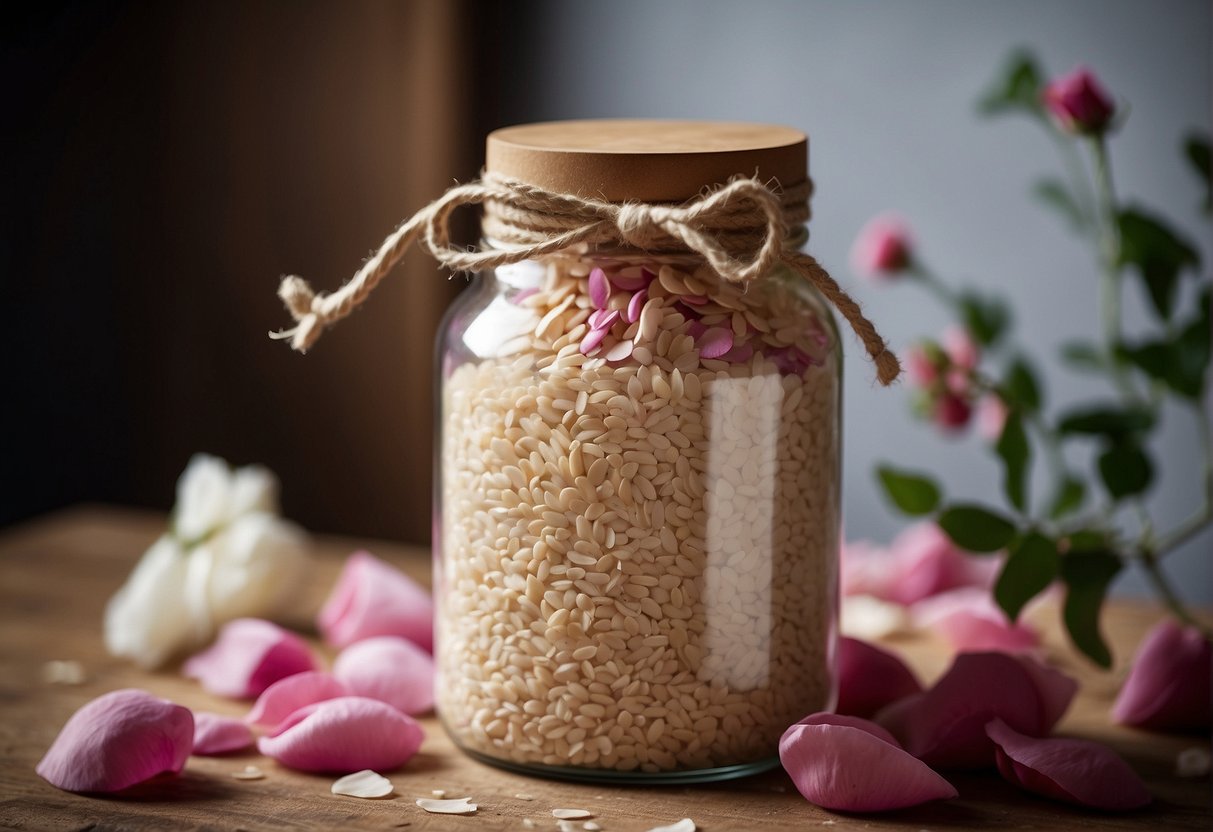 A ceramic jar filled with fermenting rose petals, rice, and yeast. A muslin cloth covers the jar, with a string tied around the neck