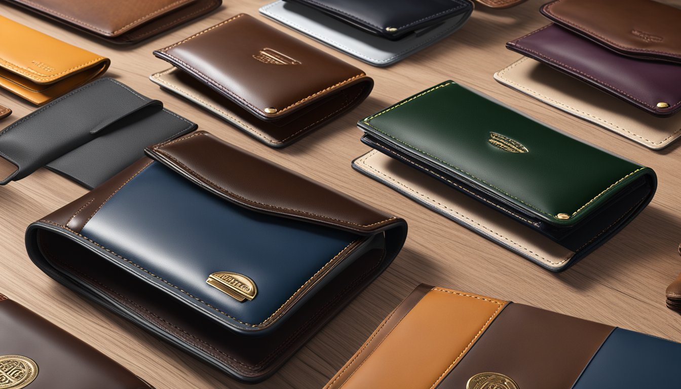 Multiple high-quality leather wallets displayed with precision stitching and embossed logos, showcasing the expert craftsmanship and attention to detail of the top wallet brands