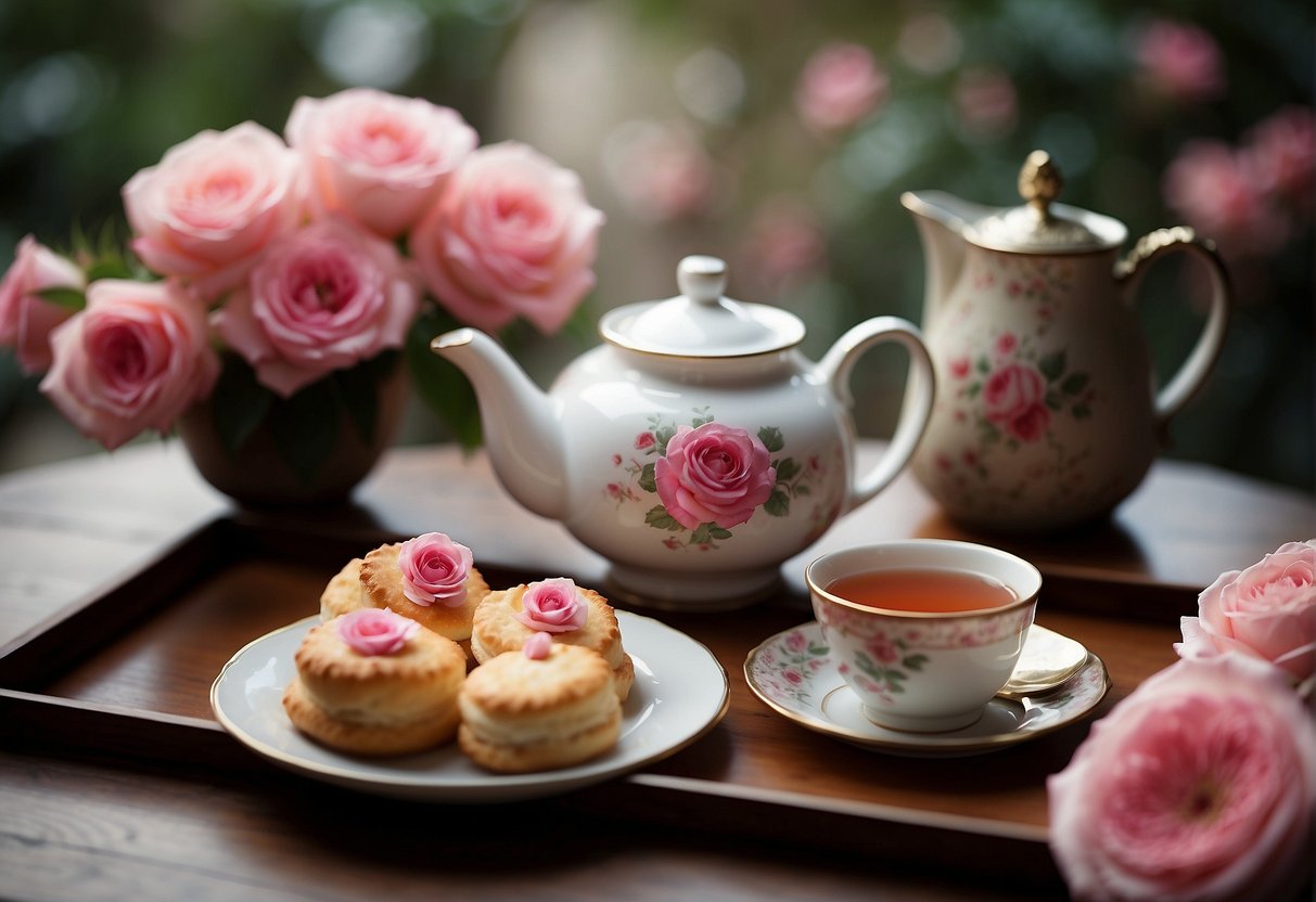 A steaming teapot pours fragrant rose tea into delicate cups on a wooden tray, surrounded by fresh rose petals and a plate of traditional Chinese pastries