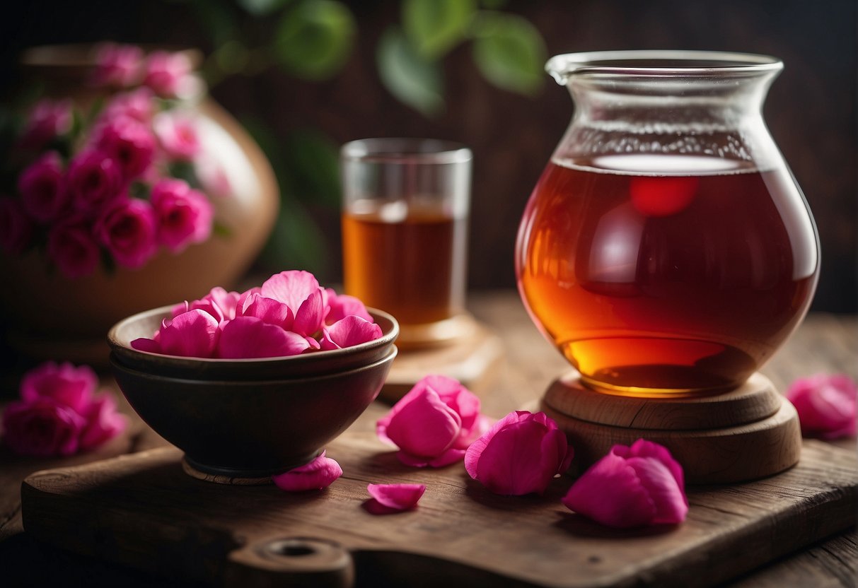 A traditional Chinese rose wine recipe being prepared with rose petals, rice, and fermentation jars
