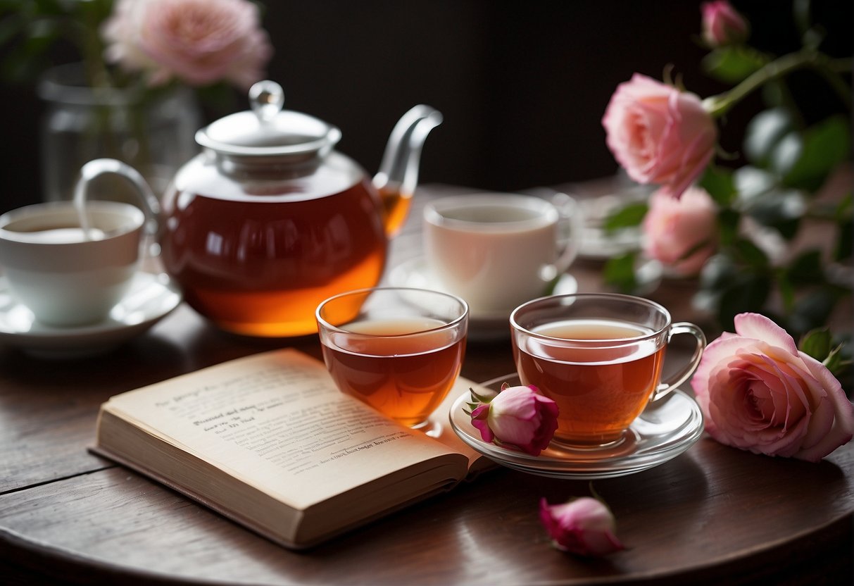 A steaming teapot pours fragrant rose tea into delicate cups on a wooden table, surrounded by fresh rose petals and a recipe book labeled "Frequently Asked Questions Chinese Rose Tea Recipe."