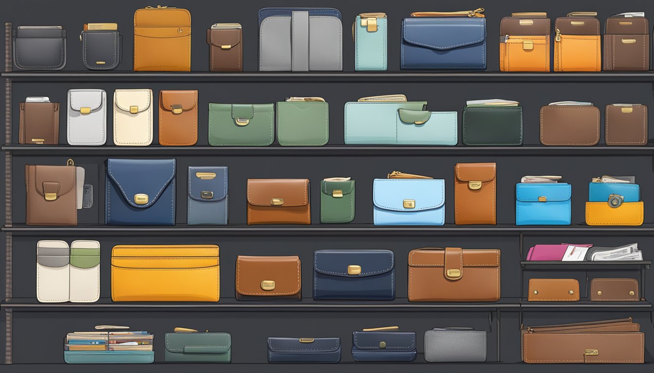A variety of wallet brands displayed on a shelf with different compartments and closures