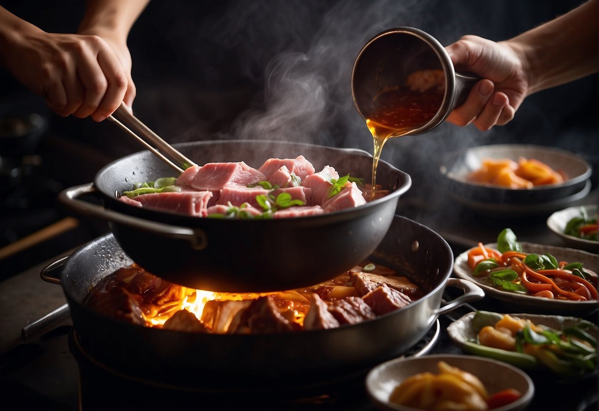 A hand pouring chinese rose wine into a pot of marinated meat, while a wok sizzles on the stove