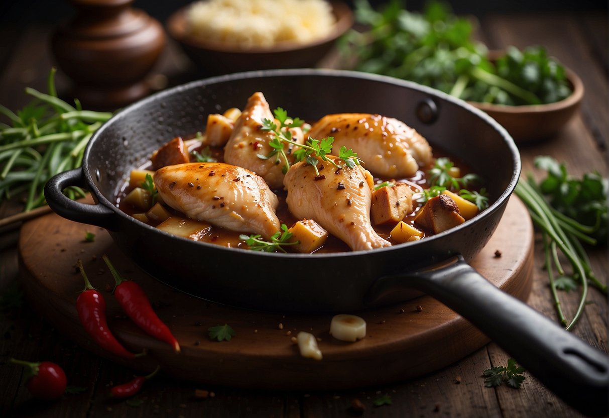 A sizzling skillet holds tender chicken simmering in Chinese rose wine sauce, surrounded by fresh herbs and aromatic spices
