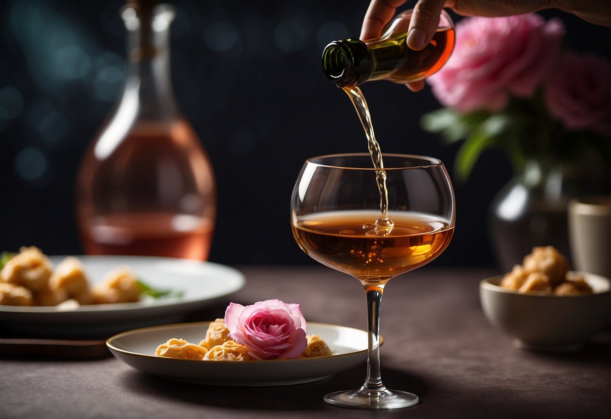 A bottle of Chinese rose wine is being poured into a delicate glass. A plate of traditional Chinese dishes is arranged nearby for pairing