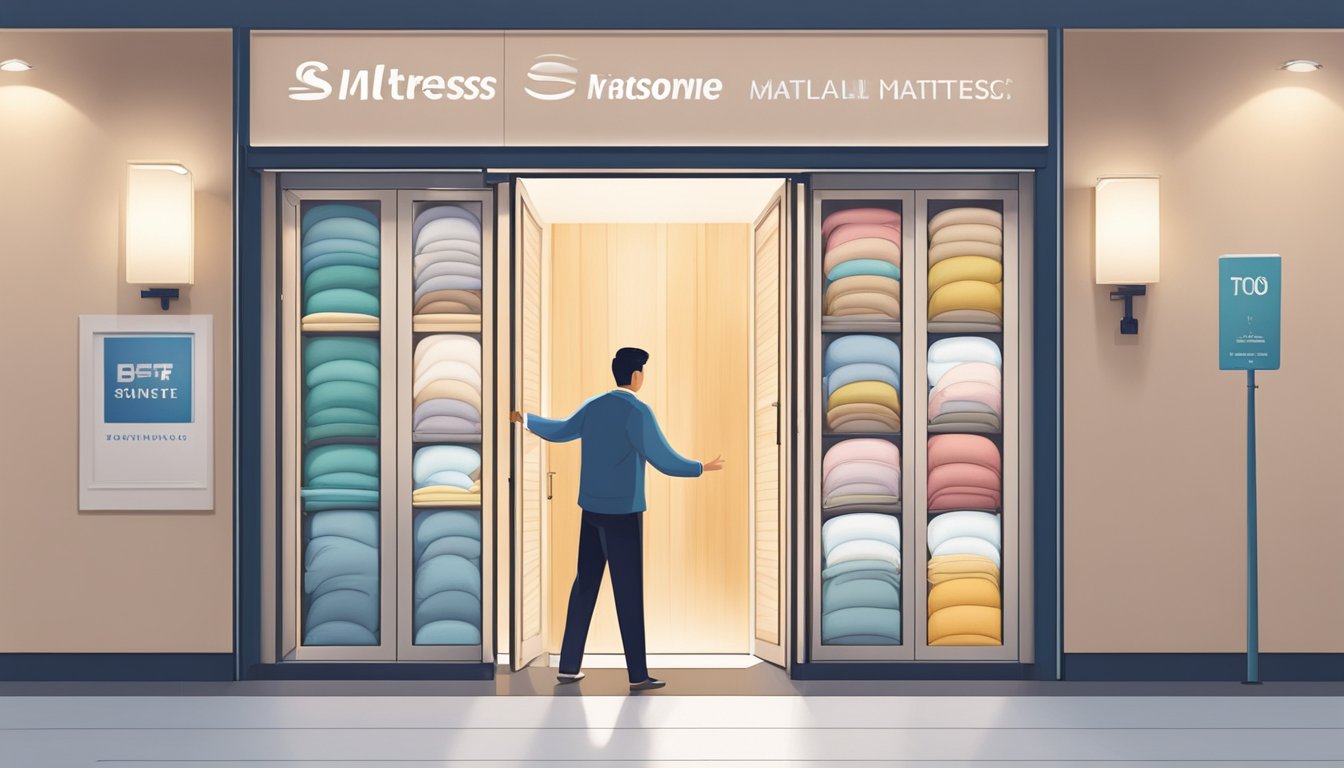 A person opening a door to reveal a showroom filled with various mattress brands in Singapore