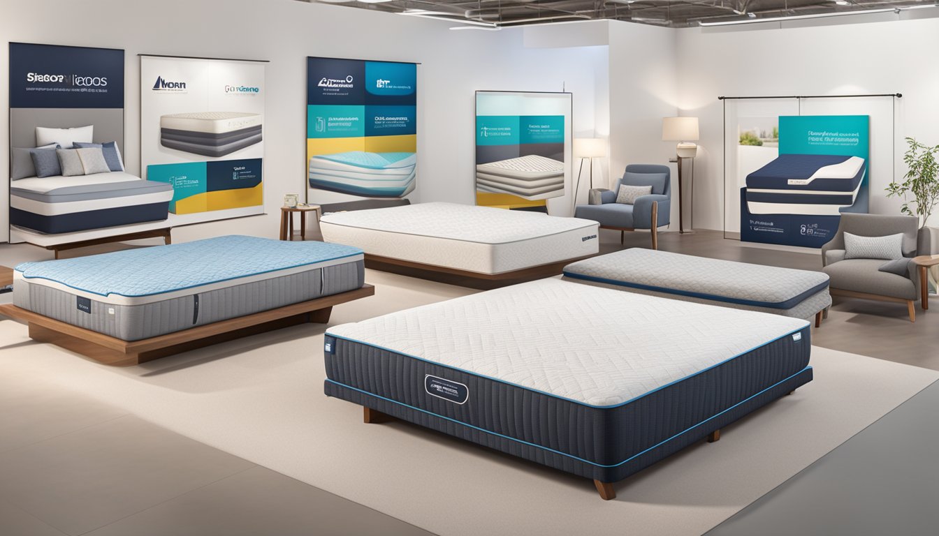 Various mattress types and technologies displayed in a showroom, including memory foam, innerspring, and hybrid models. Brand logos and product features are prominently showcased