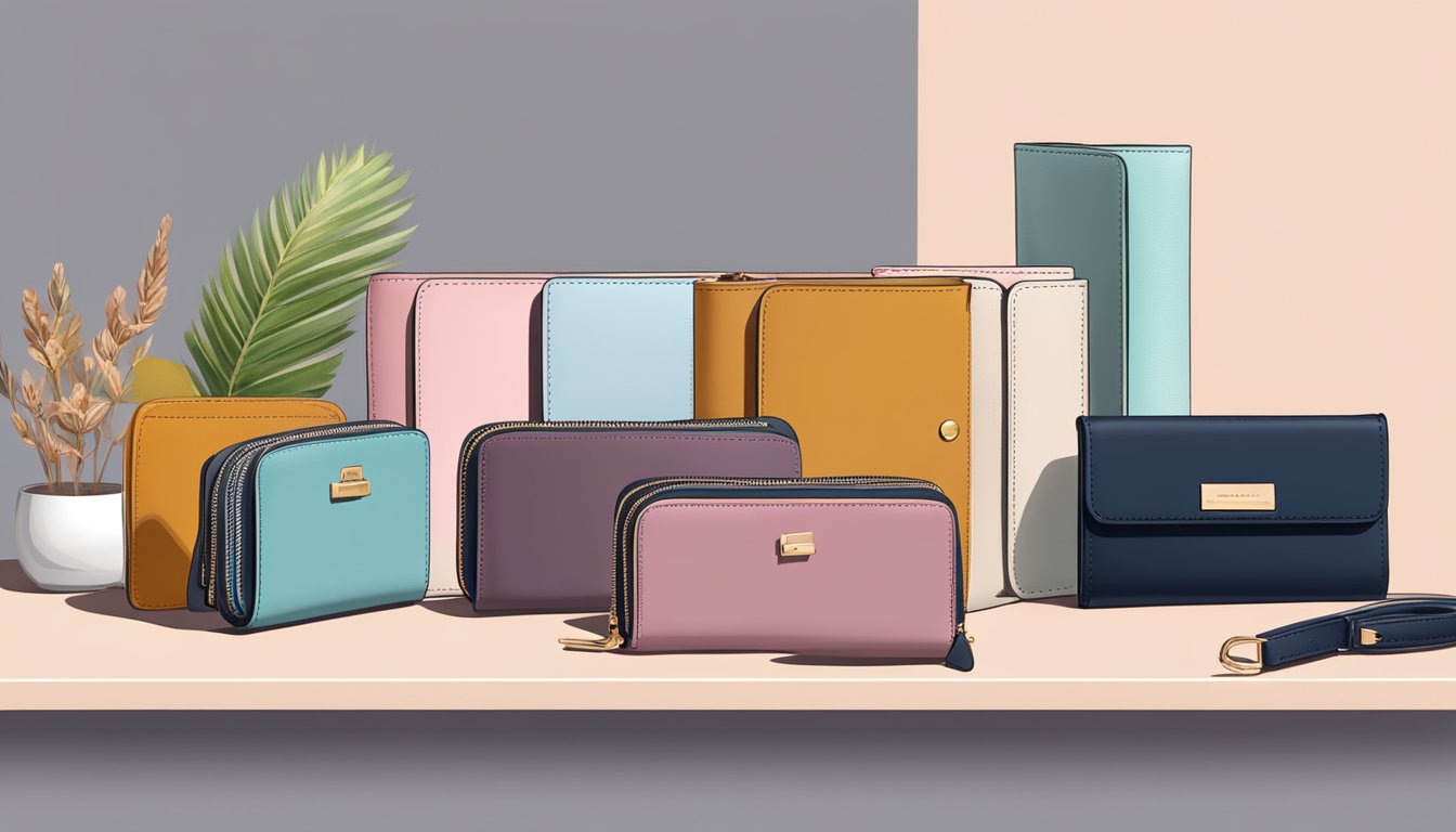 A variety of women's wallet brands displayed on a sleek, modern countertop with different materials and designs to choose from