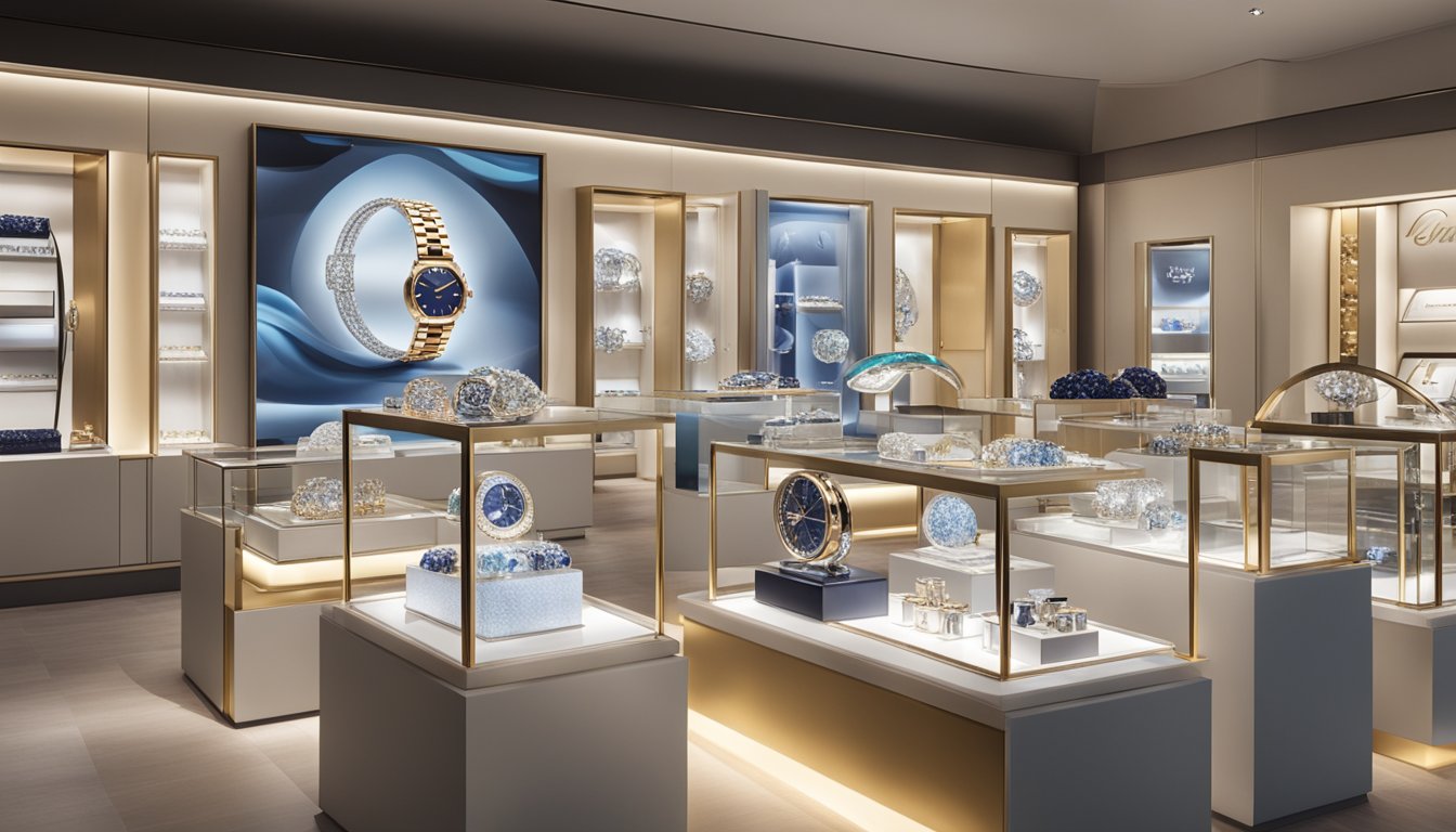 A display of Richemont brands, including luxury watches and jewelry, arranged on a sleek, modern showcase. Sparkling gemstones and polished metal catch the light