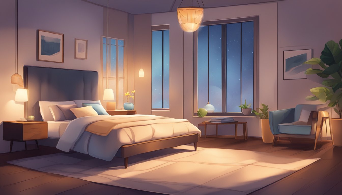 A cozy bedroom with a comfortable mattress, soft pillows, and dim lighting. A bedside table holds a book and a glass of water. A soothing aroma fills the air