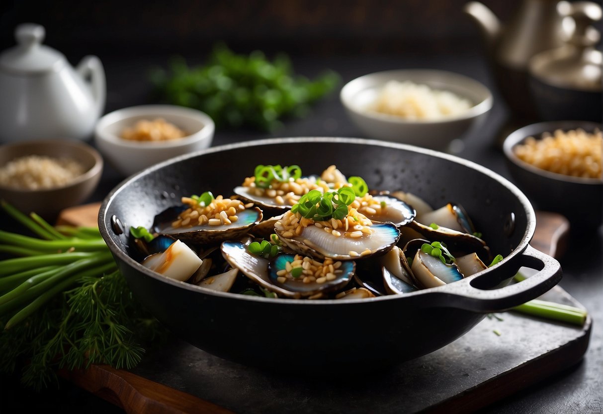 Sizzling abalone mushrooms in a wok with garlic, ginger, and soy sauce, garnished with green onions and sesame seeds