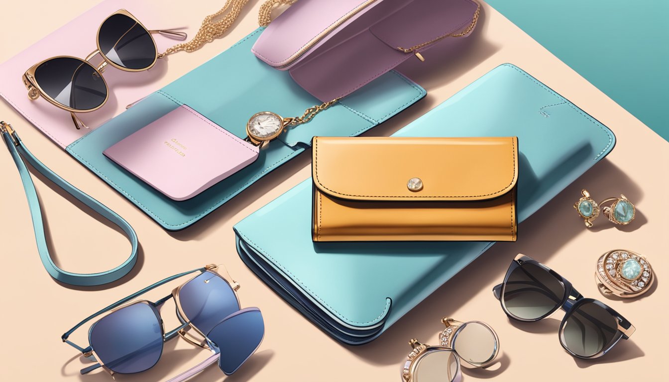 A stylish women's wallet sits on a clean, modern surface, surrounded by accessories like jewelry, sunglasses, and a sleek phone case