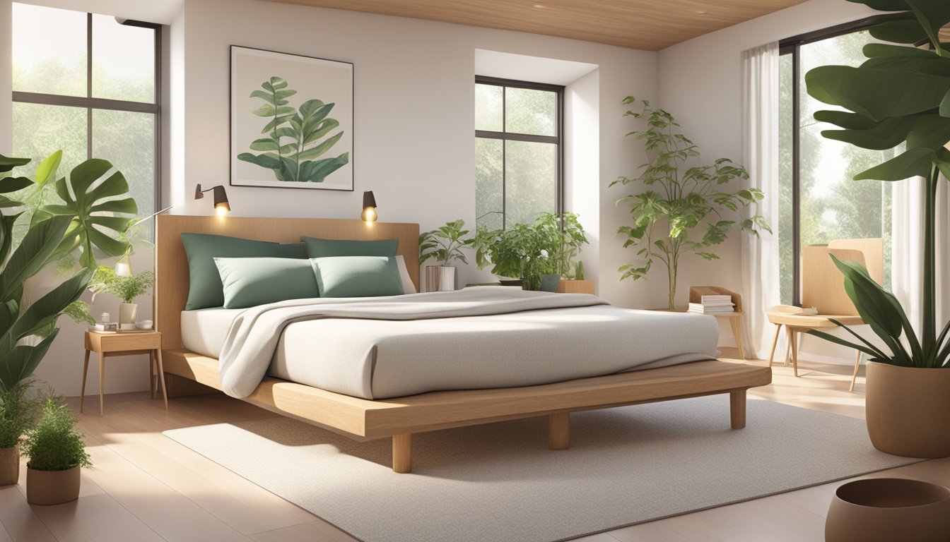 A serene bedroom with organic materials, plants, and natural light. A mattress with eco-friendly and health-conscious branding is the focal point