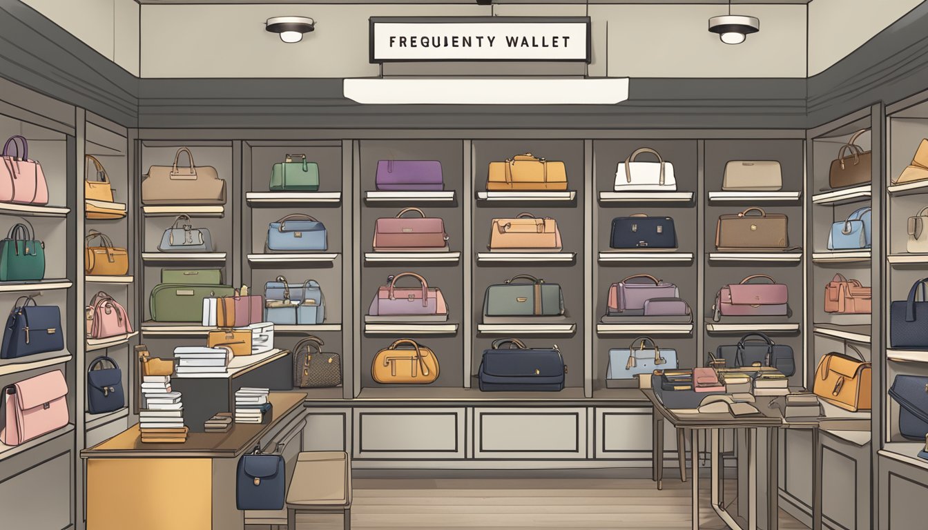 A display of various women's wallet brands with a "Frequently Asked Questions" sign above