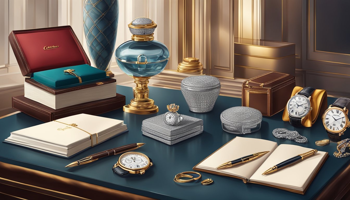 A collection of luxury brands, including Cartier and Montblanc, displayed in a sophisticated setting