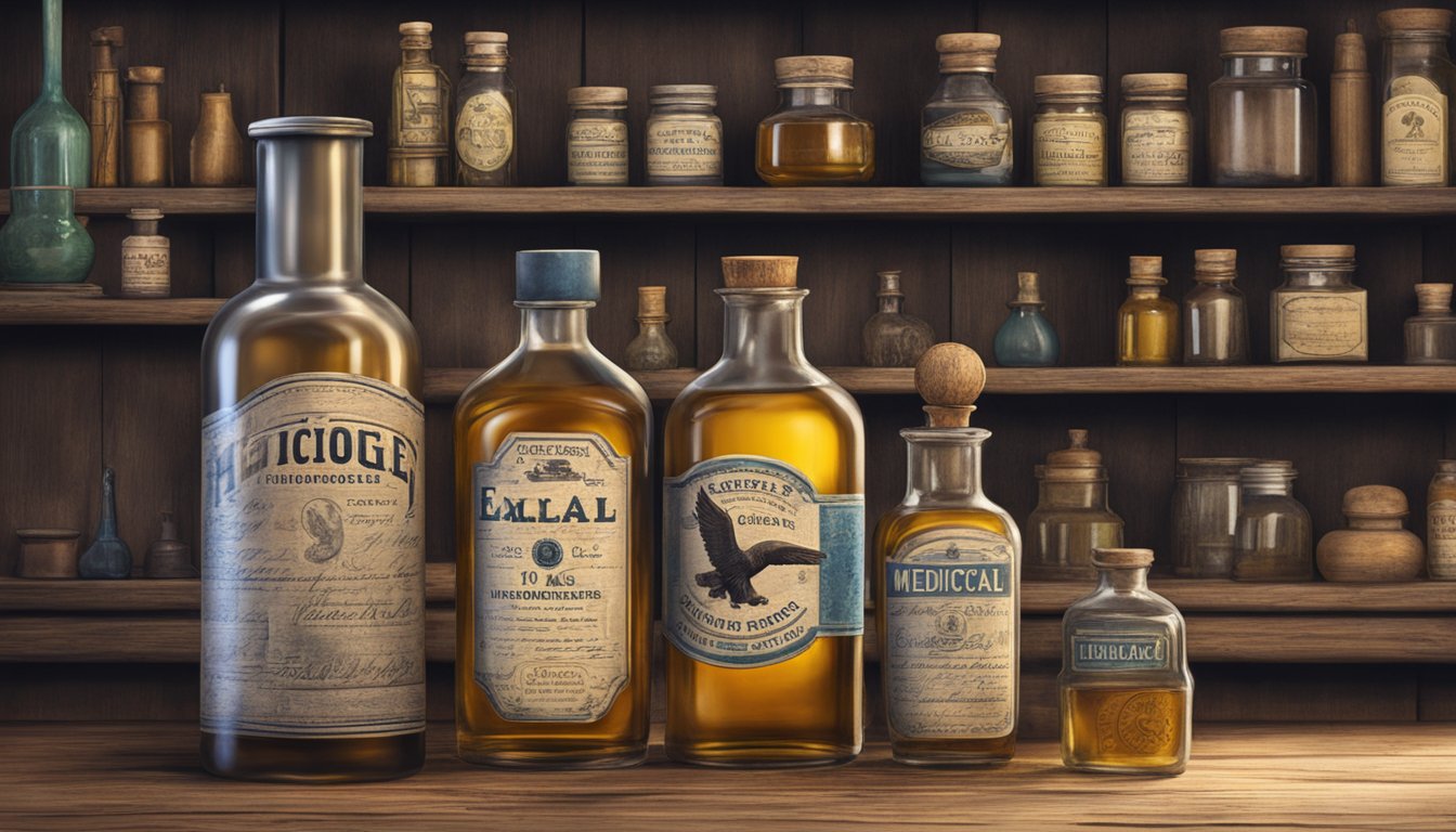 An antique bottle of History and Heritage Eagle Brand Medicated Oil sits on a weathered wooden shelf, surrounded by vintage apothecary jars and old medical instruments