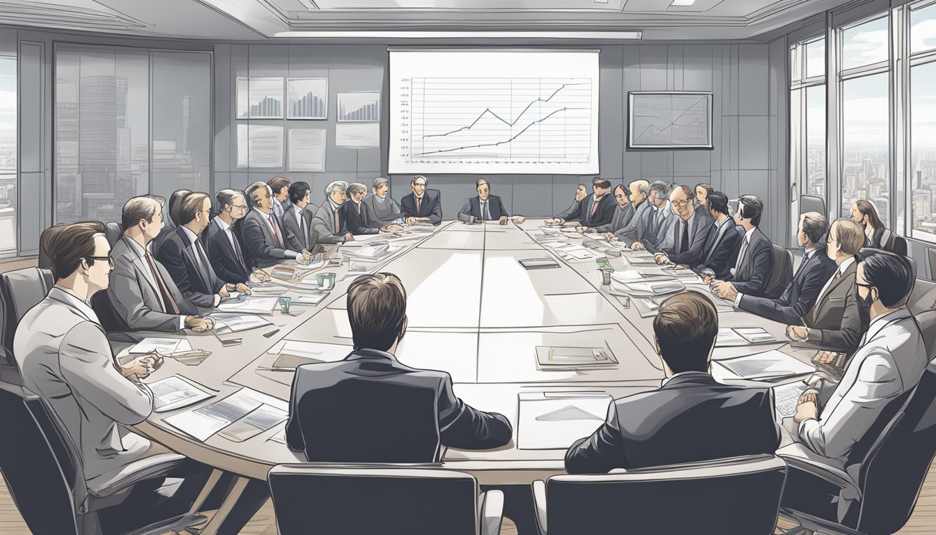 A boardroom meeting with charts showing the performance of Richemont brands, executives discussing business strategy