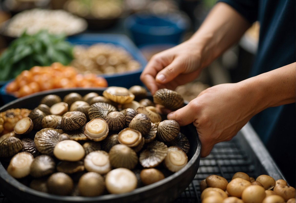 A hand reaches for abalone mushrooms in a Chinese market, selecting ingredients for a recipe