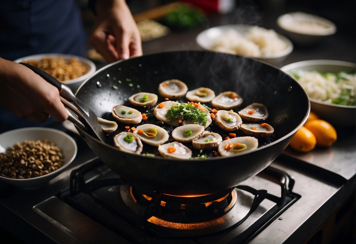 Slicing abalone mushrooms, mixing with Chinese spices, and frying in a wok