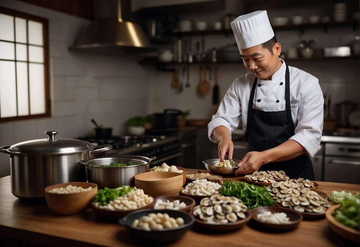 A chef prepares abalone mushrooms in a Chinese kitchen, surrounded by various ingredients and cooking utensils. A bottle of soy sauce and a selection of wine are displayed for pairing
