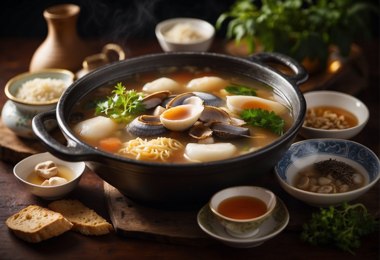 A bubbling pot of Chinese soup filled with abalone, surrounded by traditional cooking ingredients and utensils