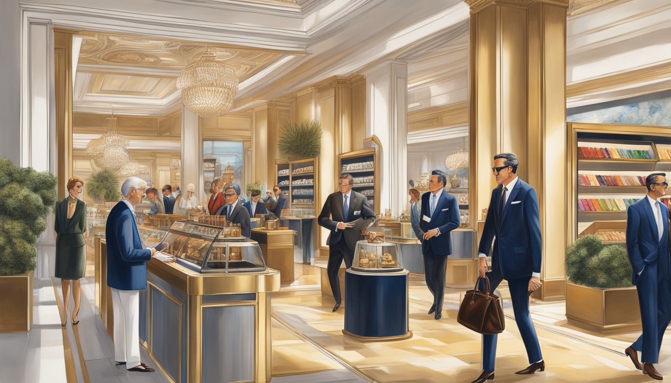 A diverse group of iconic luxury brands, such as Cartier and Montblanc, are showcased in a vibrant and culturally rich setting, symbolizing the lasting legacy of Richemont brands