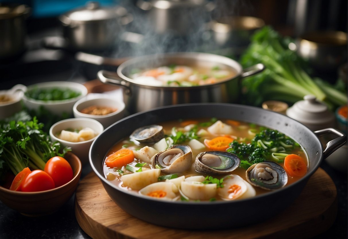 An open kitchen with a pot of simmering Chinese soup, surrounded by fresh vegetables and a pile of abalone shells
