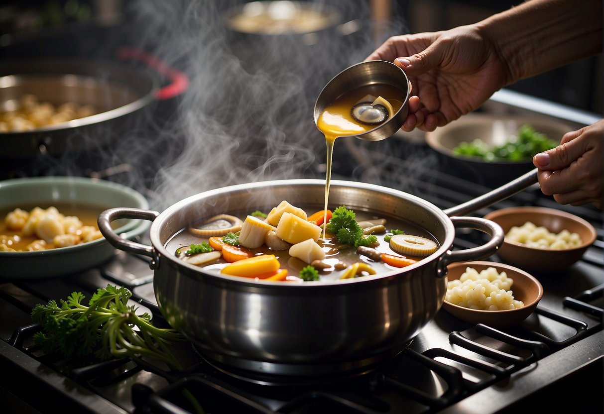 A hand pours broth into a pot filled with abalone, ginger, and vegetables. Steam rises as the soup simmers on the stove