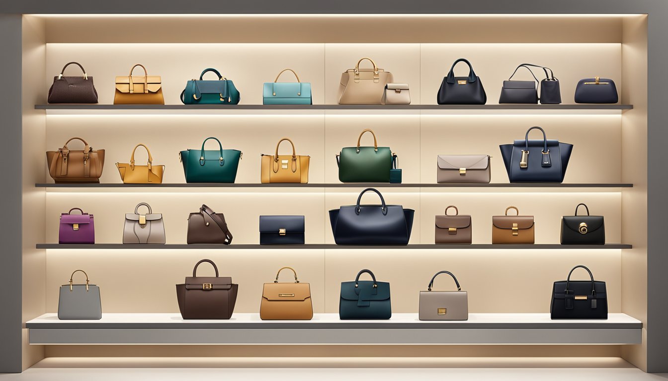 A display of luxury handbag brands arranged on a sleek, minimalist shelf in a high-end boutique. The bags vary in size, color, and material, showcasing the diversity of the collection