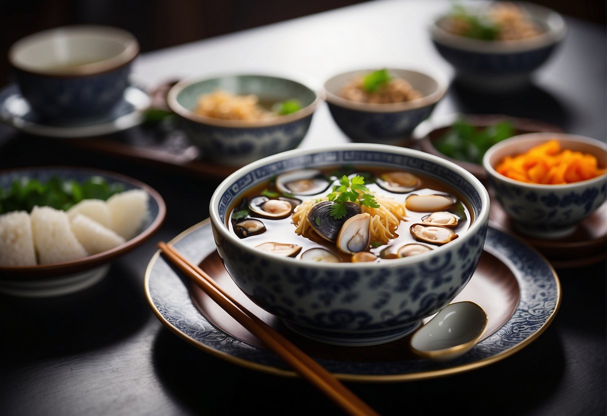 A steaming bowl of Chinese abalone soup surrounded by elegant serving dishes and chopsticks on a beautifully set table