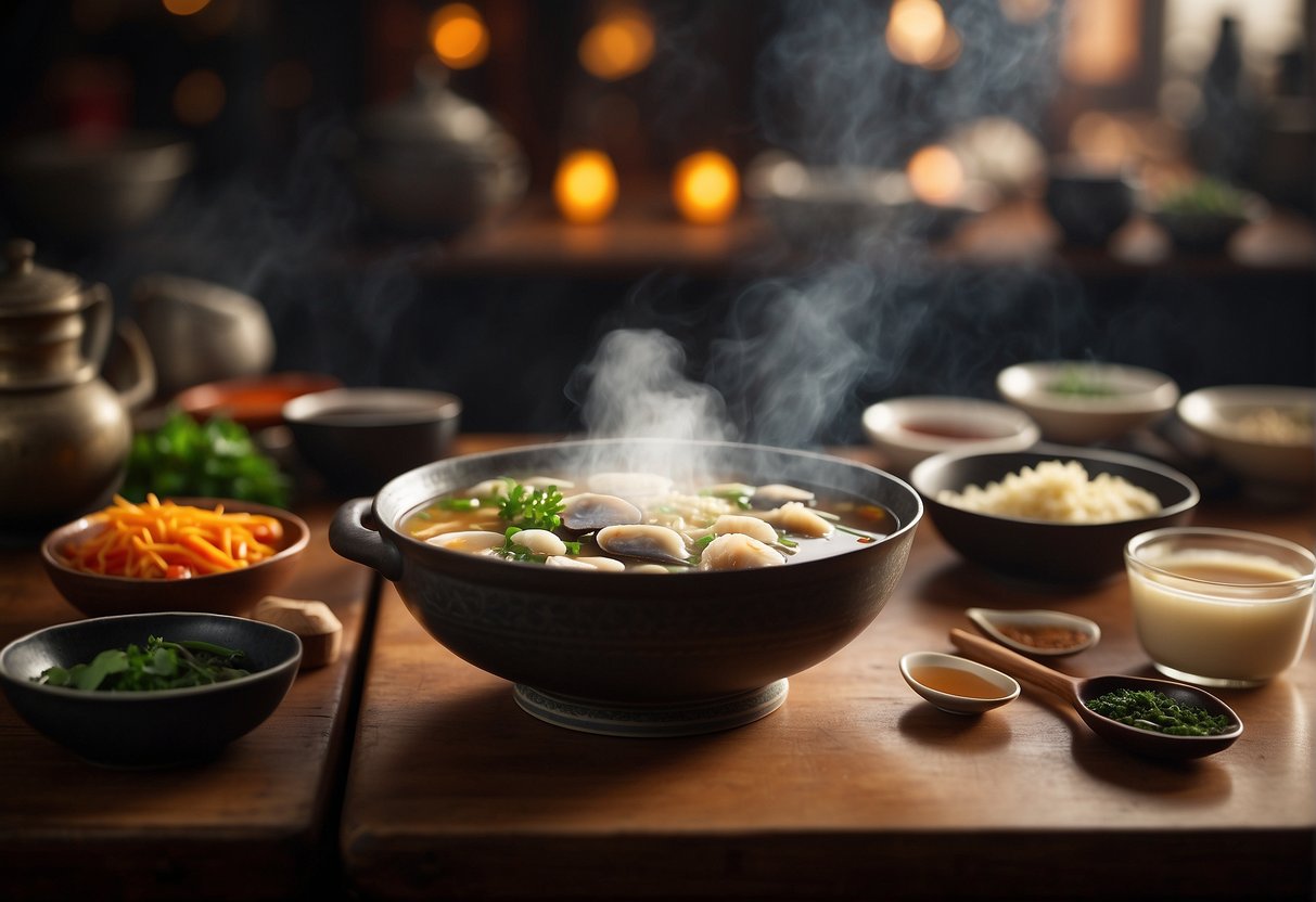 A steaming bowl of Chinese abalone soup sits on a wooden table, surrounded by various ingredients and cooking utensils. The steam rises from the rich, fragrant broth, creating an inviting scene