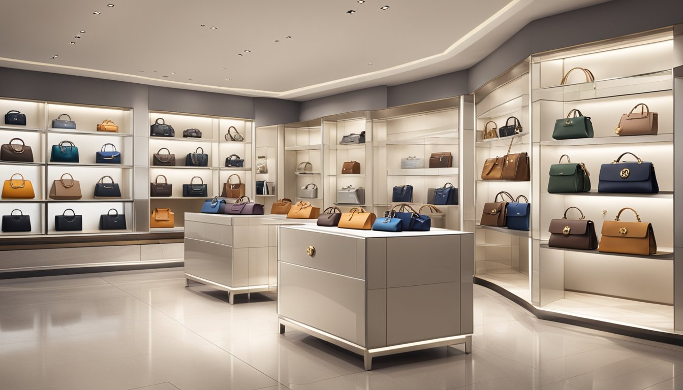 Luxury handbags displayed on a sleek, well-lit shelf in a high-end boutique. Each brand's logo is prominently featured, showcasing their iconic designs
