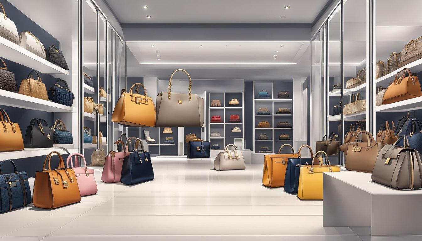 A display of luxurious handbags in a sleek, modern boutique setting, showcasing the craftsmanship and attention to detail of high-end designer brands
