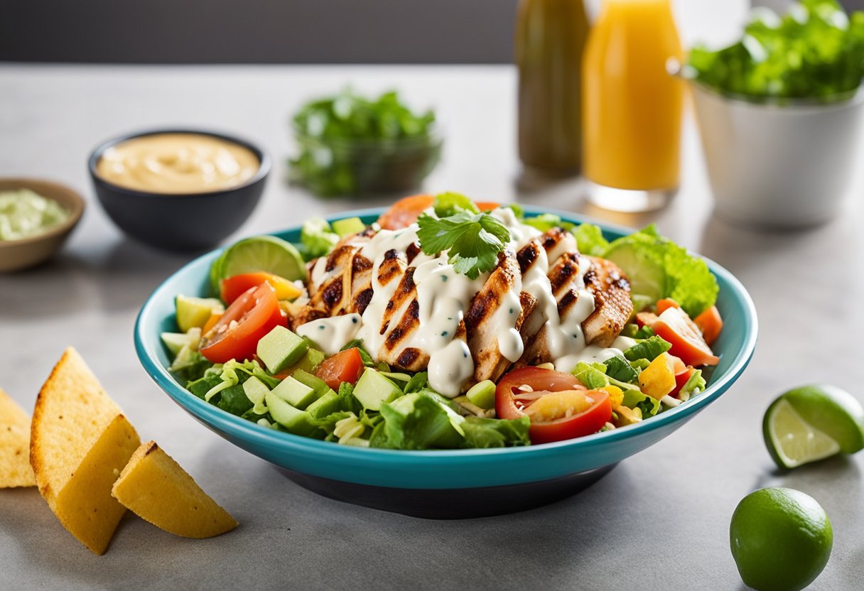 A colorful taco salad with grilled chicken, topped with a creamy dressing. The vibrant ingredients create a culinary delight, showcasing a healthy and satisfying meal