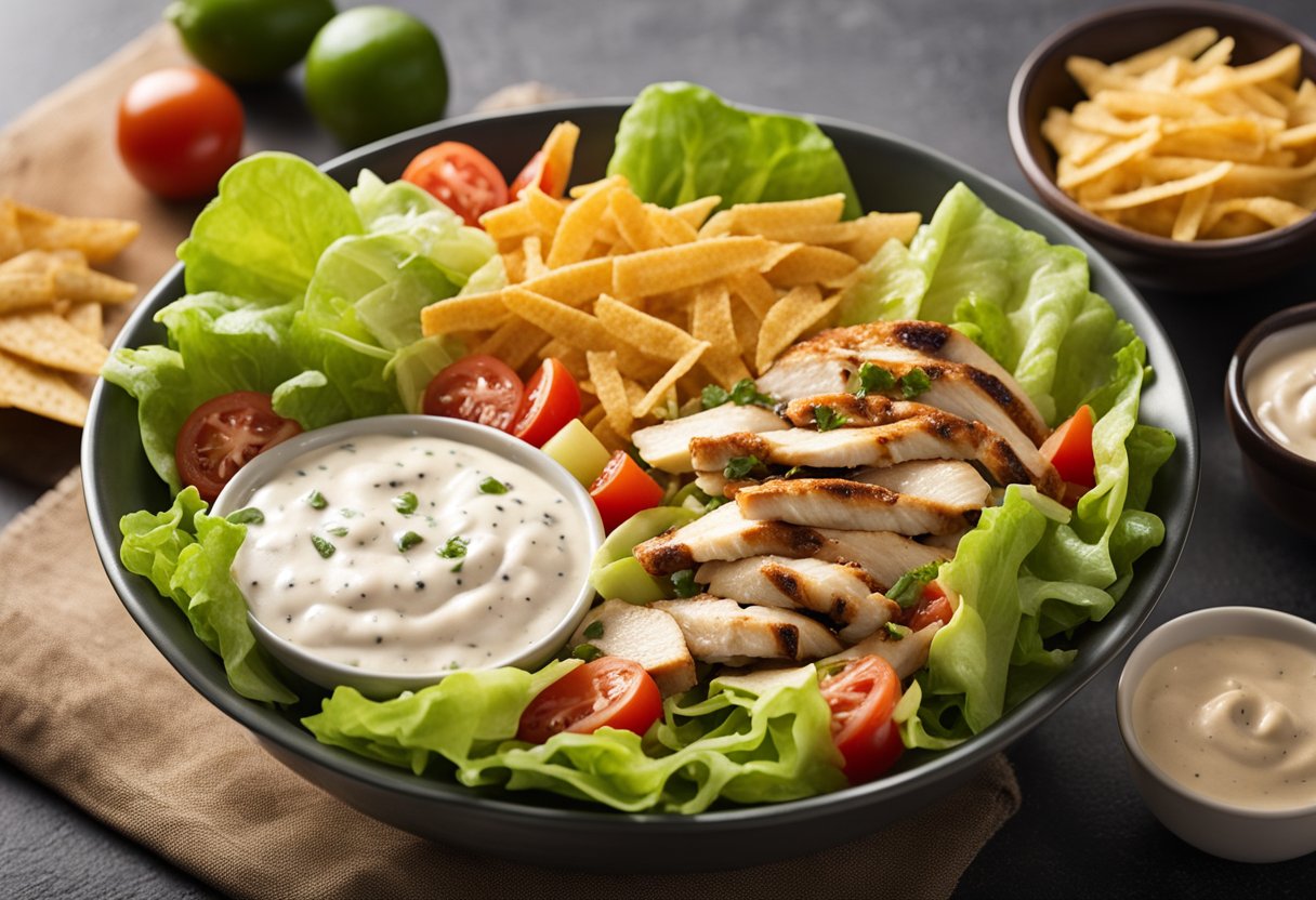 A colorful bowl filled with fresh lettuce, diced tomatoes, grilled chicken, and crunchy tortilla strips, topped with a creamy dressing