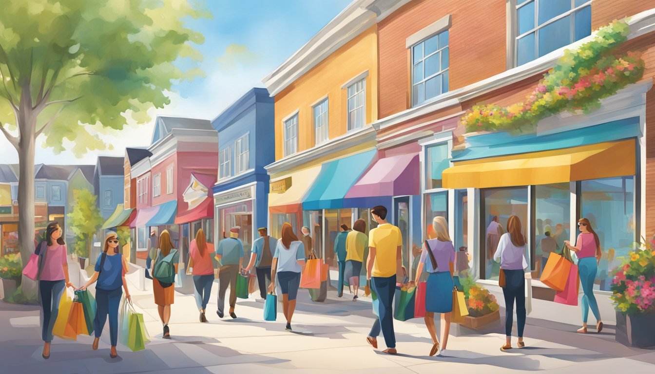 Shoppers browse through colorful storefronts at Watertown Brand Outlet Centre, taking advantage of discounted deals and enjoying the vibrant shopping experience