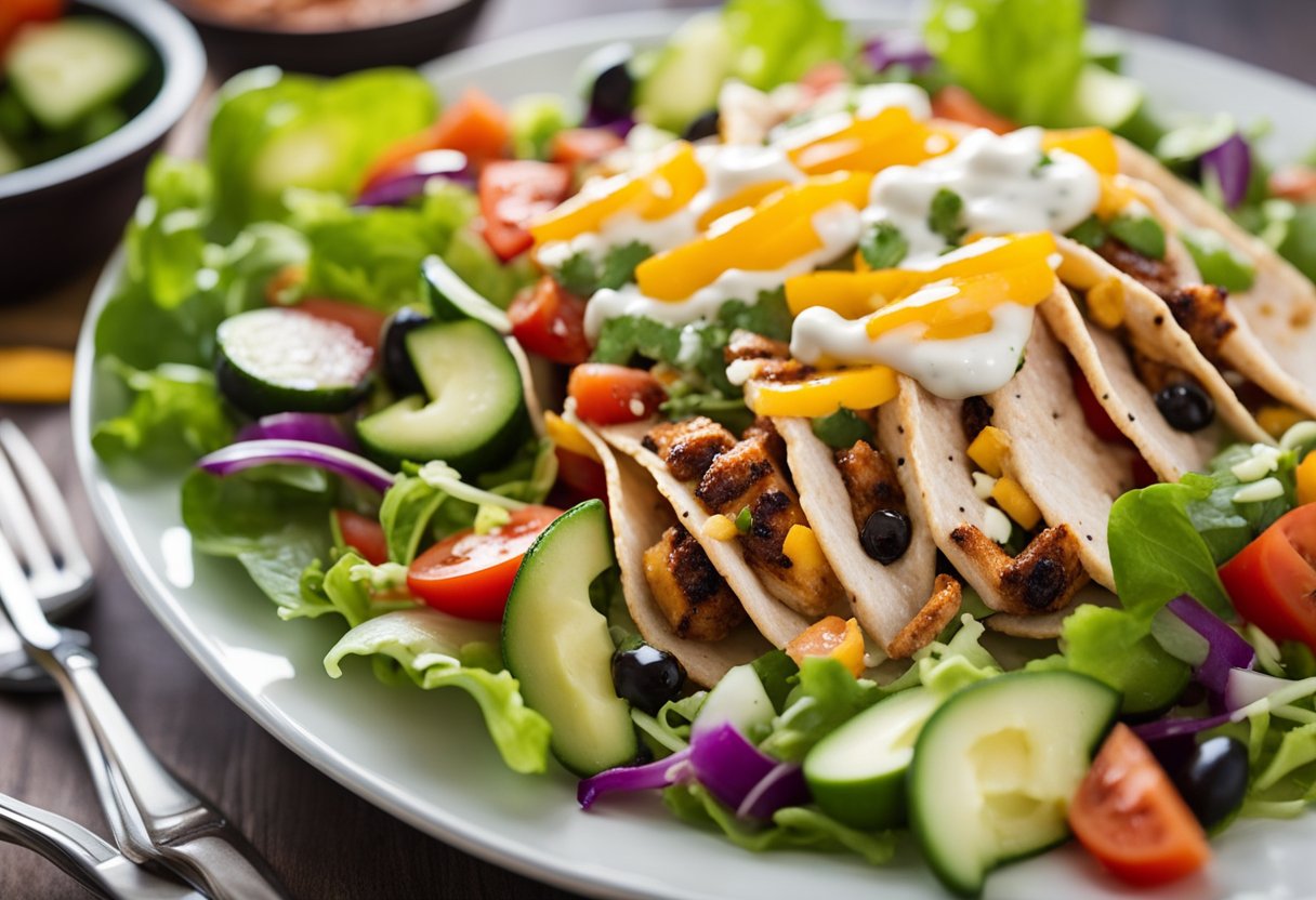 A colorful taco salad sits on a white plate, topped with grilled chicken, fresh vegetables, and a creamy dressing. The vibrant colors and fresh ingredients make it a healthy and delicious meal option